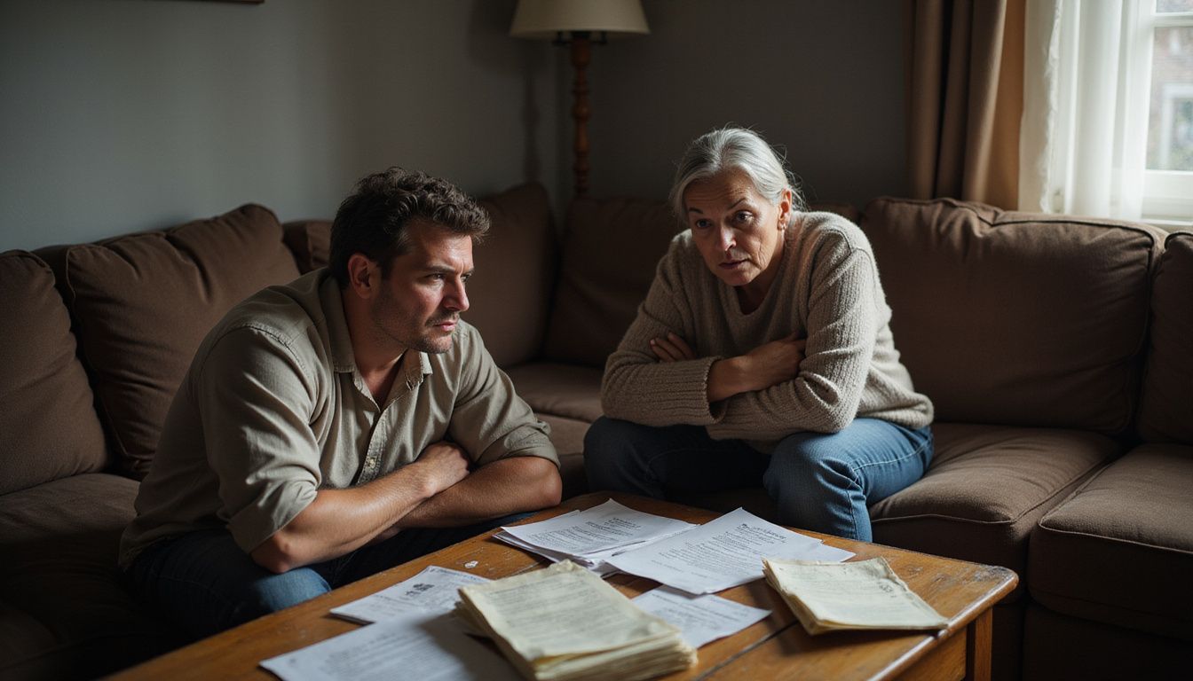 A middle-aged couple argues intensely amidst financial documents in a dim living room. A middle-aged couple argues intensely amidst financial documents in a dim living room.