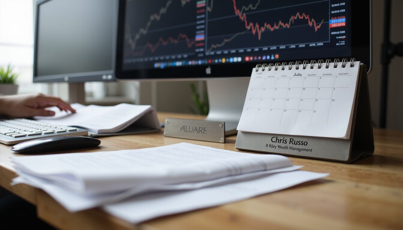 A cluttered office desk with financial documents, monitor, calendar, and nameplate. A cluttered office desk with financial documents, monitor, calendar, and nameplate.